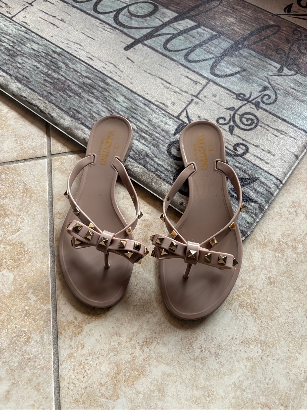 Valentino Garavani Taupe Jelly Rockstud Thong Sandals